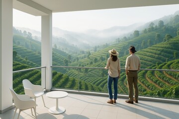 Obraz premium Couple enjoying scenic view of terraced green hills from modern balcony in soft morning light, peaceful nature travel background concept.