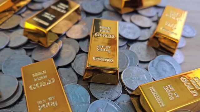 Gold bars and coins stacked together in a display of wealth at a location showing financial assets and investment options
