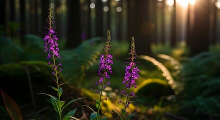 Obraz premium Purple Wildflowers Blooming in the Sun-Dappled Forest With Soft Bokeh