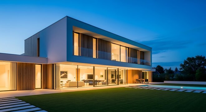 Modern luxury residential house with wooden facade and flat roof at dusk