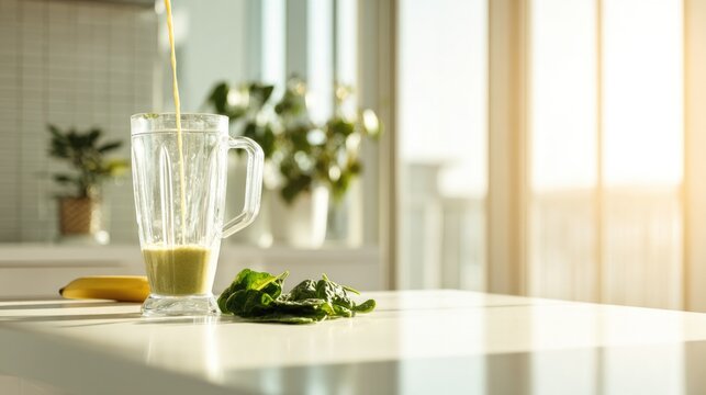 Bright kitchen scene with blender preparing nutritious green smo
