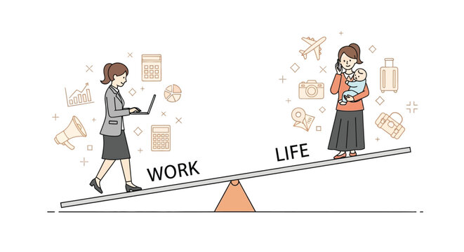 Woman balancing work and life with a laptop on one side and baby on the other