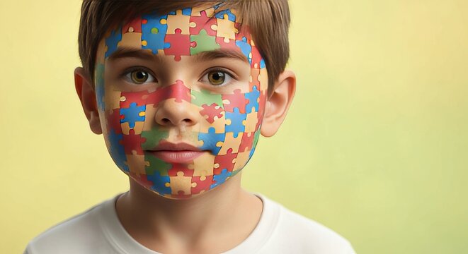 Vibrant autism awareness concept featuring a child s face adorned with colorful puzzle pieces