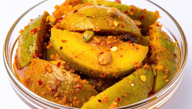 Spicy Indian Mango Pickle in a Glass Bowl, Traditional Raw Mango Achar with Spices, Homemade Tangy Green Mango Pickle, Authentic South Asian Condiment.