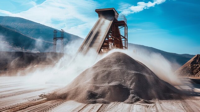 Conveyor system depositing gravel onto a massive pile at a quarry beneath a clear blue sky