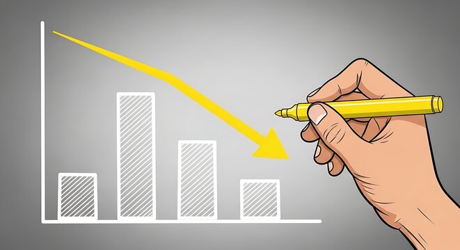Hand drawing downward trend graph with yellow marker