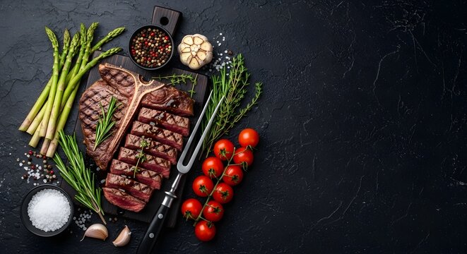 Grilled T-bone steak with asparagus and cherry tomatoes on black background.
