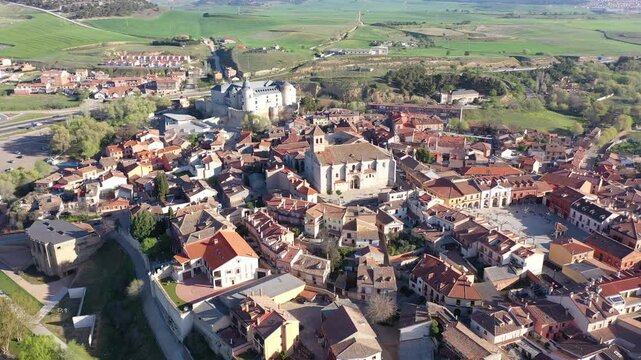  Aerial photo of Simancas with view of residential buildings and castle. Castile and Leon, province of Valladolid, Spain. 