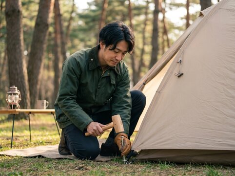 森の中でテント設営をする男性｜木槌でペグ打ちをするソロキャンプの風景背景