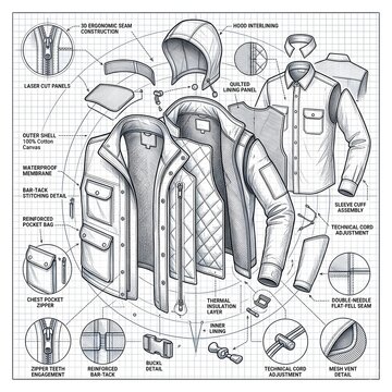 Technical Garment Construction Blueprint for Outdoor Jacket with Exploded View Details