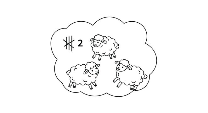 Simple line drawing of three fluffy sheep inside a cloud thought bubble with tally marks and a number for counting to sleep.