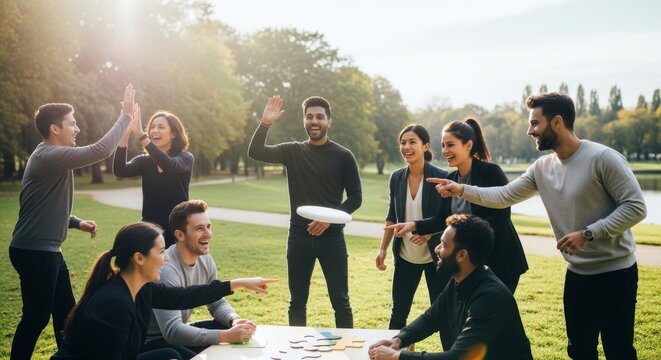 Diverse team building activity outdoors in a park