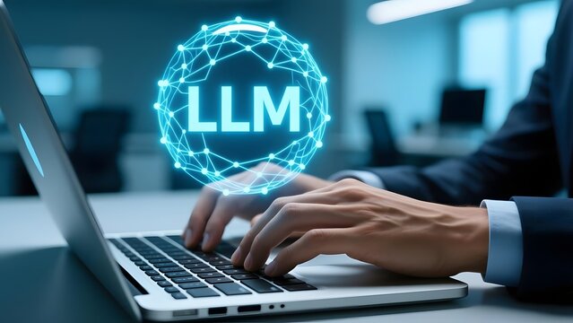 LLM Large Language Model concept, businessman hands typing on laptop with AI neural network glow, artificial intelligence technology in office