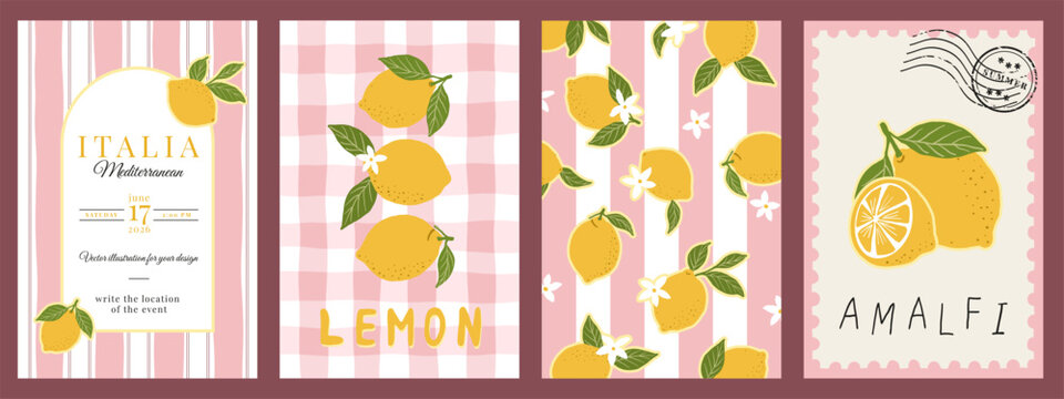Mediterranean lemon card set. Summer citrus backgrounds with Amalfi lemons, floral elements, invitation templates, striped and checkered designs, aesthetic vector illustrations