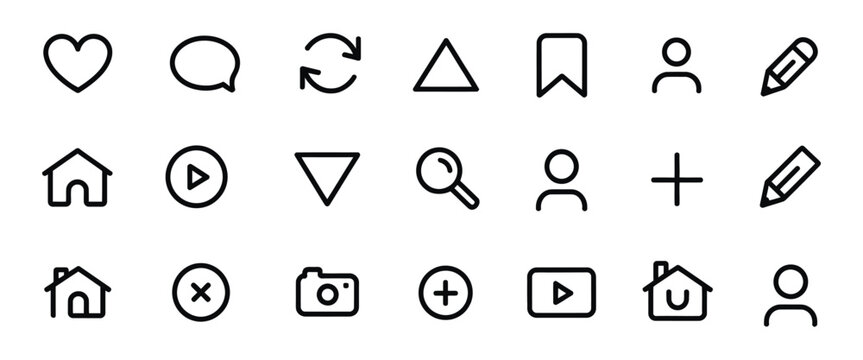 New Instagram UI icon set, updated social media navigation and reaction symbols including home, like, comment, search, user, repost and share in vector design.