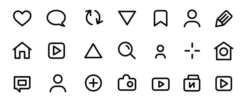 New Instagram UI icon set, updated social media navigation and reaction symbols including home, like, comment, search, user, repost and share in vector design.
