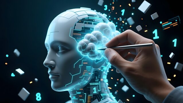 Artificial intelligence robot head with glowing digital brain, human hand programming humanoid cyborg, futuristic machine learning concept