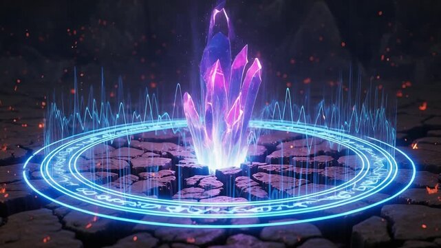 Magic Crystal Power Core with Blue Rune Circle and Energy Waves in Dark Fantasy Setting.