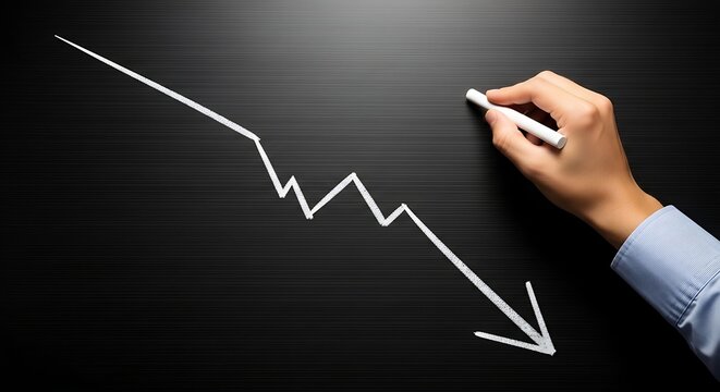 Businessman drawing declining graph on blackboard with white chalk