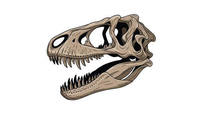 Detailed side view of a prehistoric tyrannosaurus rex dinosaur skull showing sharp teeth and ancient bone structure.
