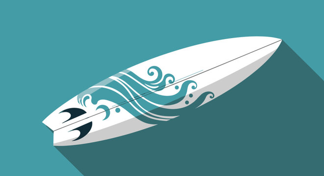 Sleek white surfboard with a blue wave graphic design and two fins cast against a solid turquoise background.