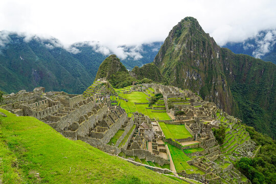 A high-angle view of Machu Picchu, known as the "Lost City of the Incas," a 15th-century Incan citadel located in Peru.
