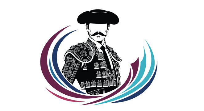Stylized illustration of a traditional Spanish matador in a decorative suit and hat surrounded by curved lines.