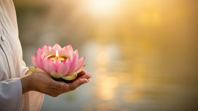 Hands holding pink lotus flower with burning candle for Vesak Day, symbol of enlightenment and spiritual purity.