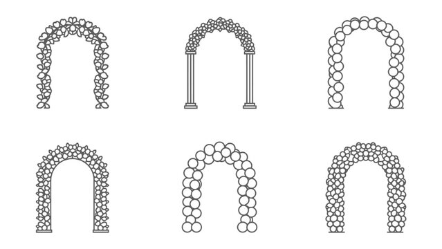 Various Balloon Arches Collection: A compilation of stylized line art illustrations showcasing diverse balloon arch designs, perfect for event decoration and graphic resources.