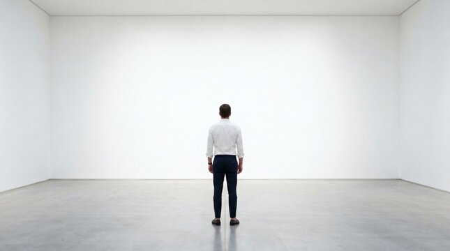 Man standing in empty white room facing blank wall minimalist concept.