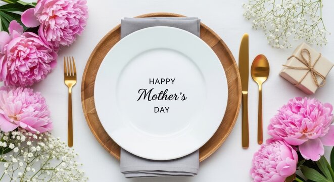 Mothers day table setting with pink peonies and gold cutlery