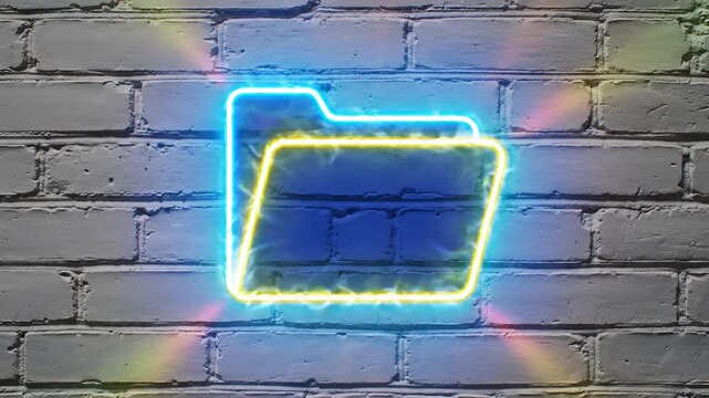 Neon Folder Icon Glowing on Brick Wall Background.