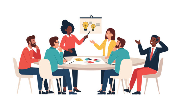 A diverse group of professional colleagues collaborates during a brainstorming session at a round table, sharing creative business ideas.