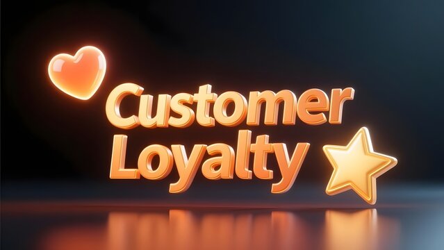 Customer Loyalty 3D text with glowing heart and star, golden marketing concept for brand retention, premium business reward program illustration