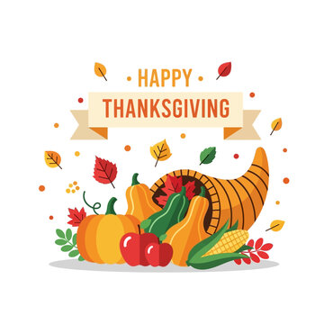 Happy Thanksgiving Cornucopia with Pumpkins, Apples, Corn, and Autumn Leaves