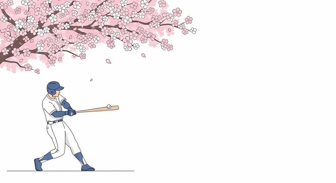Baseball player swings bat under blooming cherry blossom tree in spring