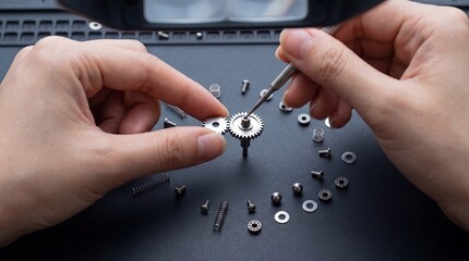 Fototapeta premium female hands assembling micro gears precision engineering macro small components stainless steel parts high tech manufacturing detail anti static mat close up 4K