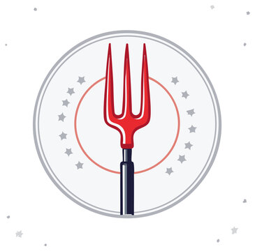Red Pitchfork in Circle with Stars and Stripes Motif
