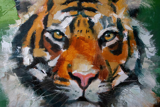 Dipinto ad olio della Tigre del Bengala. pennellate visibili con texture astratte e colori vivaci sui toni dell'arancione e del verde, ritratto frontale del grande gatto con striature nere e bianco