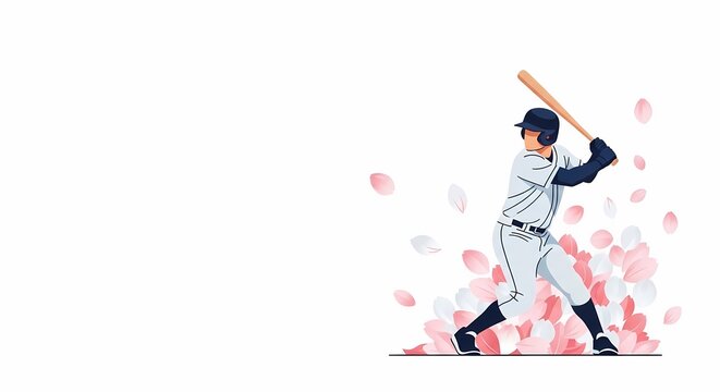 Baseball player swings bat amidst falling cherry blossoms on field