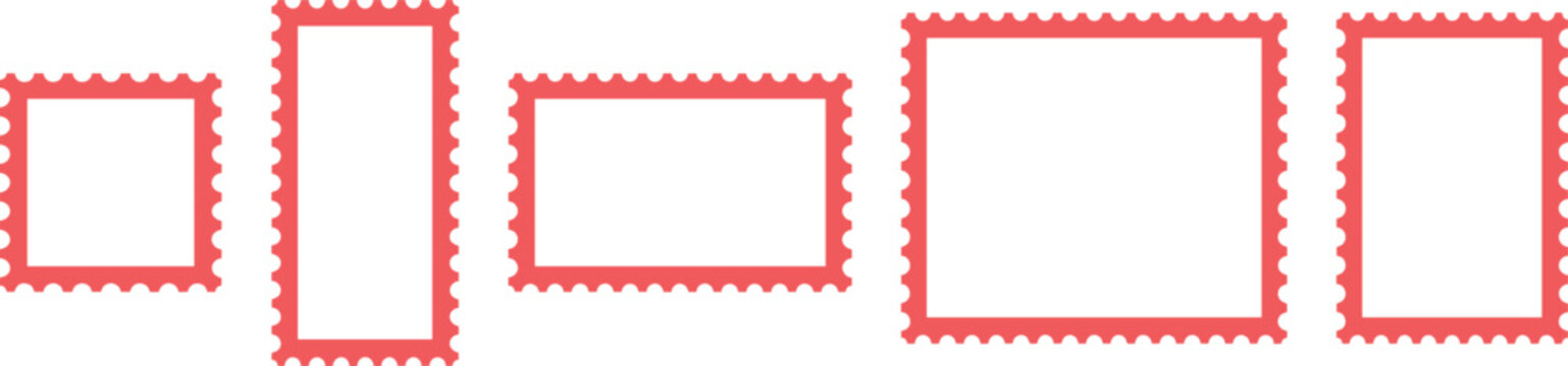 Red postage stamp frames for postcard design, mail border elements, collection of perforated edges, document decoration and post marks.