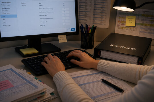Clinical Research Data Entry at Night with EDC System Hand Close-Up and Subject Binder in Office