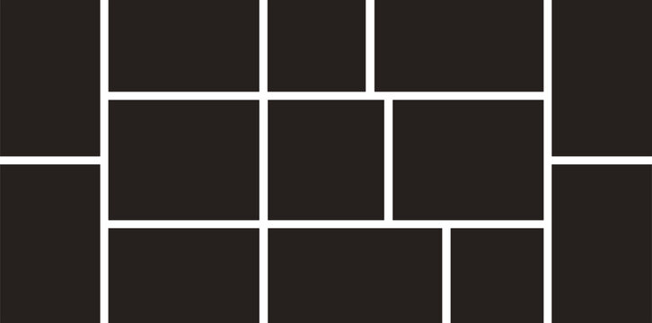Photo collage frame template with diverse rectangular grid slots, modern picture display layout, minimal black border, isolated on white
