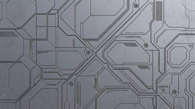 Futuristic sci-fi metallic panel with intricate geometric circuit patterns and lines.