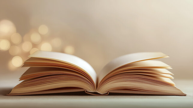 Open book on a table with warm bokeh lights in the background and copy space
