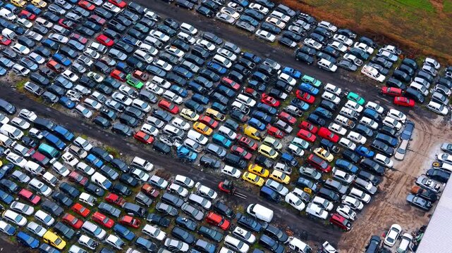 Top view of car recycling center with forklift operation. Aerial drone image of a scrapyard featuring rows of cars and a small machine moving a vehicle in the center.