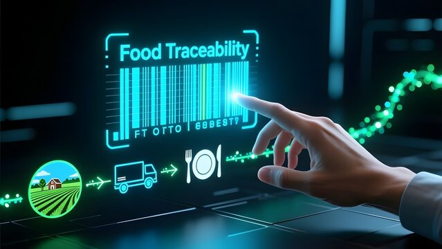 Food Traceability digital interface with glowing barcode, smart supply chain management system, futuristic logistics and food safety technology