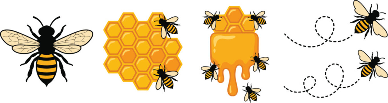 Honey bee icons with golden honeycomb, dripping nectar, and flying dash lines, summer garden nature elements, isolated on white, flat