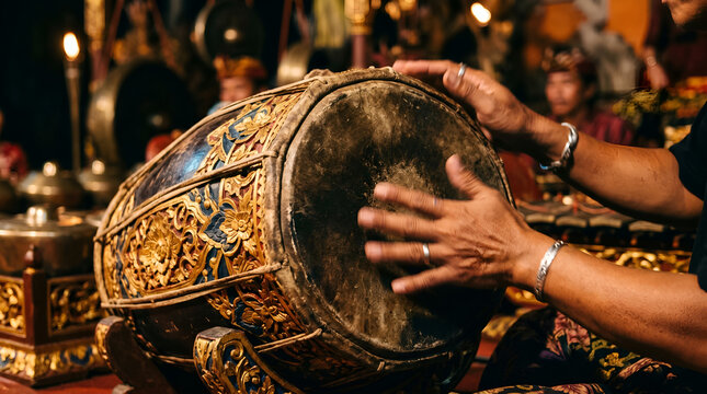 Traditional Balinese drum with dynamic motion capturing rhythm and cultural musical energy