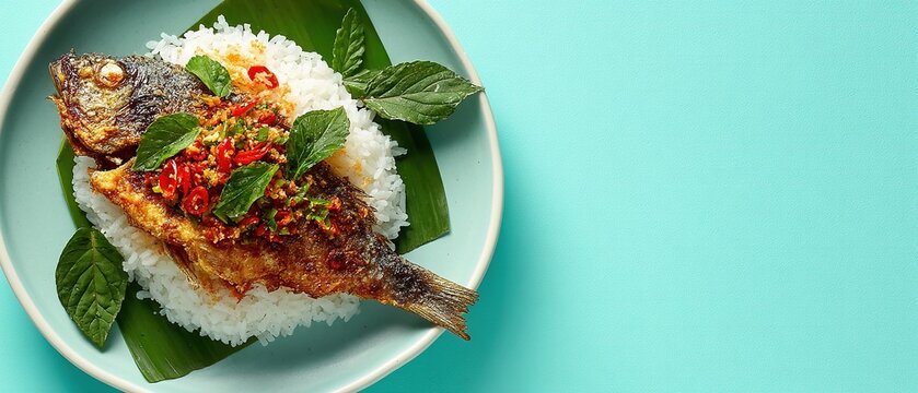 Grilled fish with spicy chili herbs served on rice and banana leaf